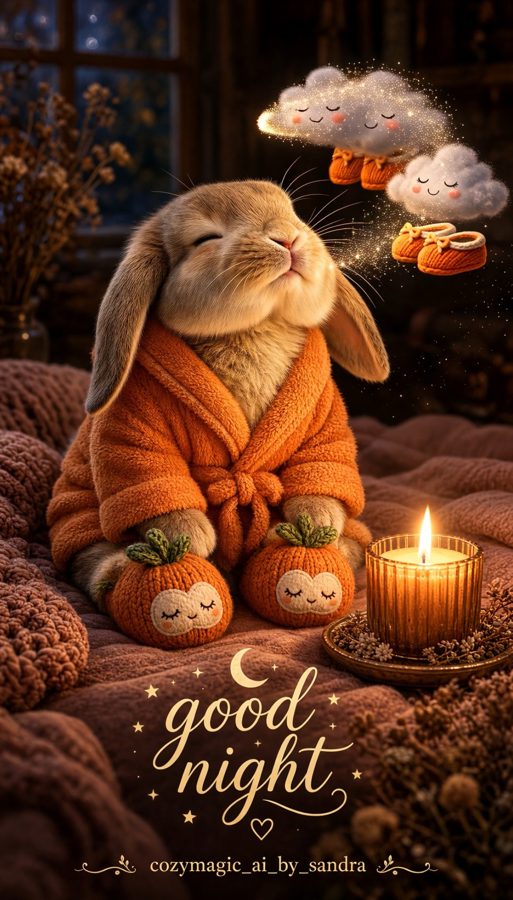 Latte in pumpkin slippers saying good night